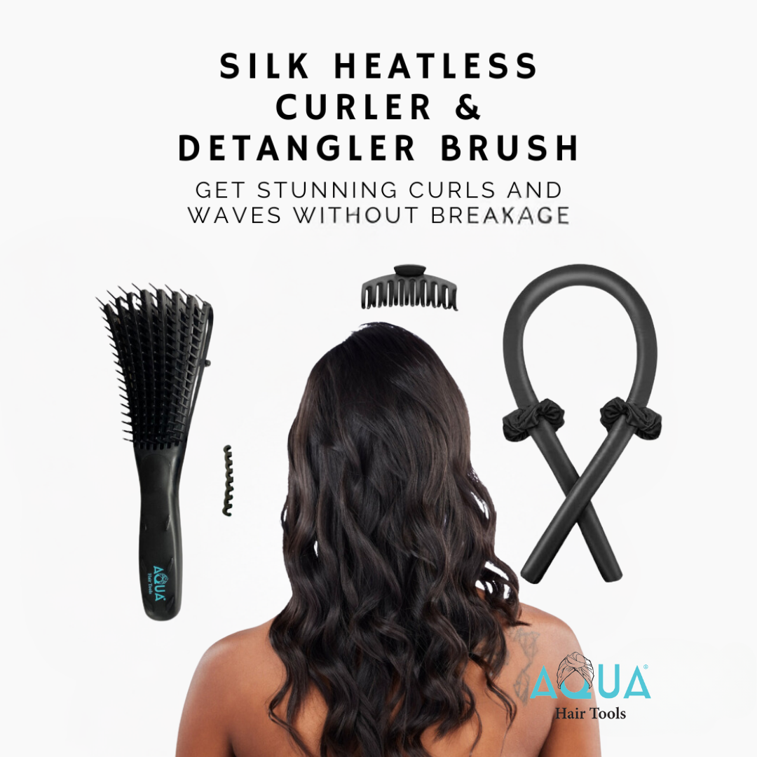 AQUA Waterproof Headwear new AQUA Hair Tools Collection featuring a slik heatless curler and detangler brush